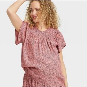 Smocked Maternity Top Floral The Nines by HATCH Flutter Short Sleeve Pink S Crew